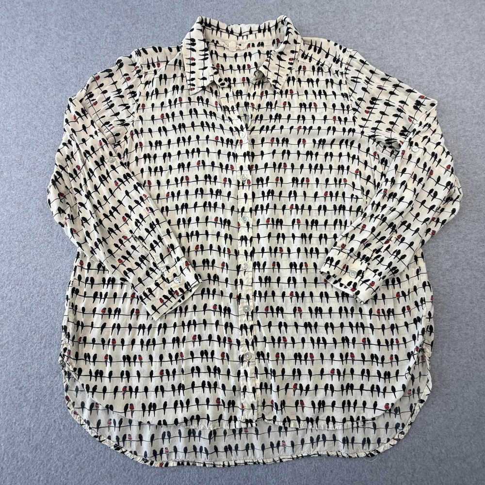 Jane and Delaney Womens 1X Bird Print Rayon Button Down Shirt Cream Long Sleeve